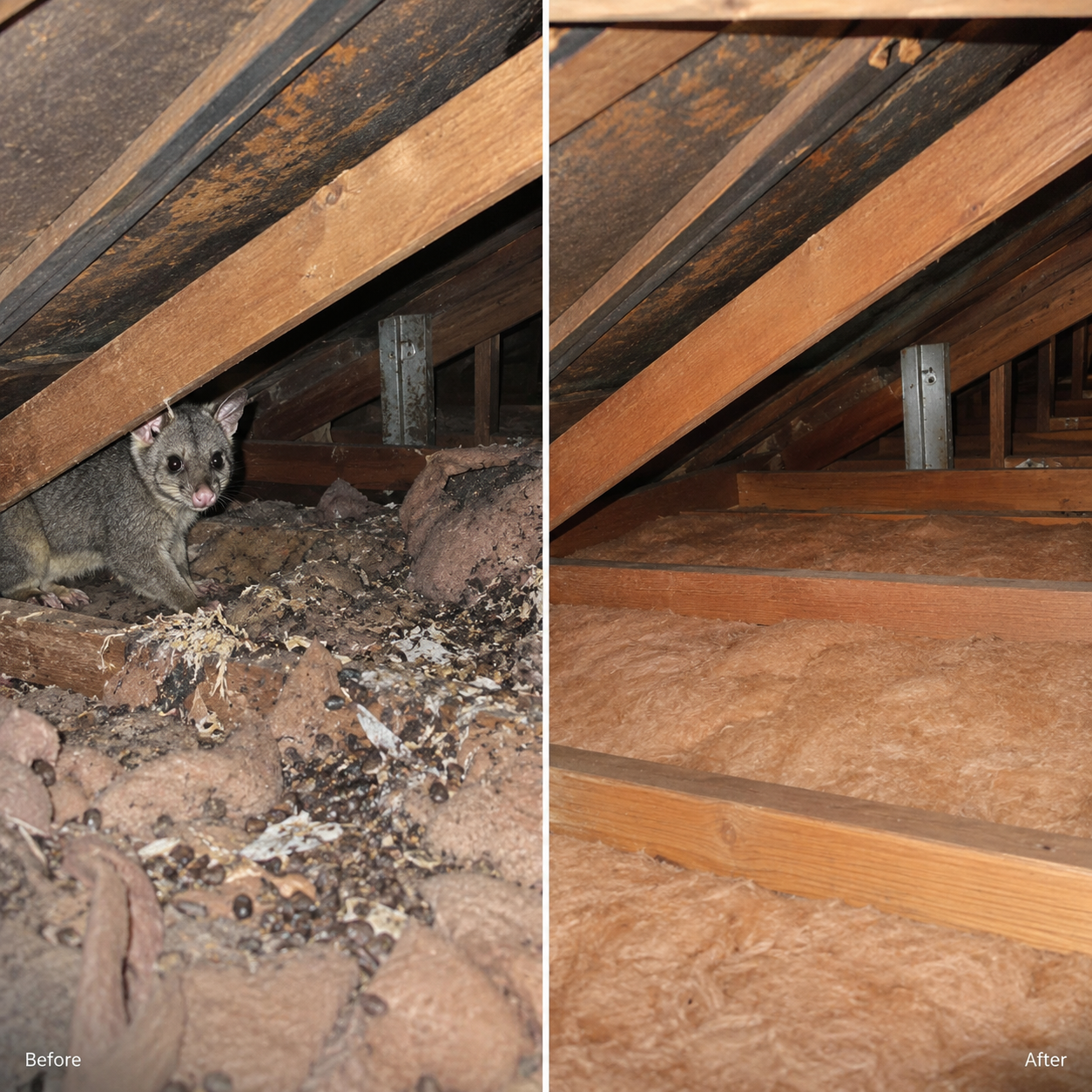 Roof insulation before and after possum control, with soiled batts replaced
