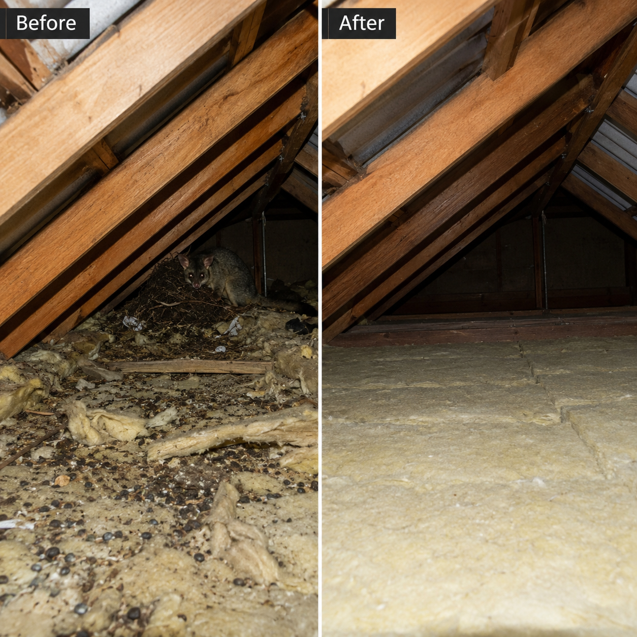 Roof cavity before and after humane possum removal, showing nesting material cleared