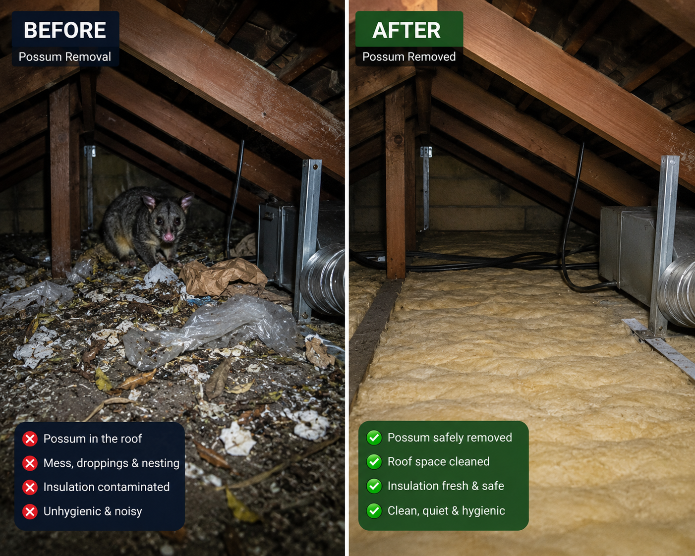 Ceiling space before and after emergency possum removal with insulation restored