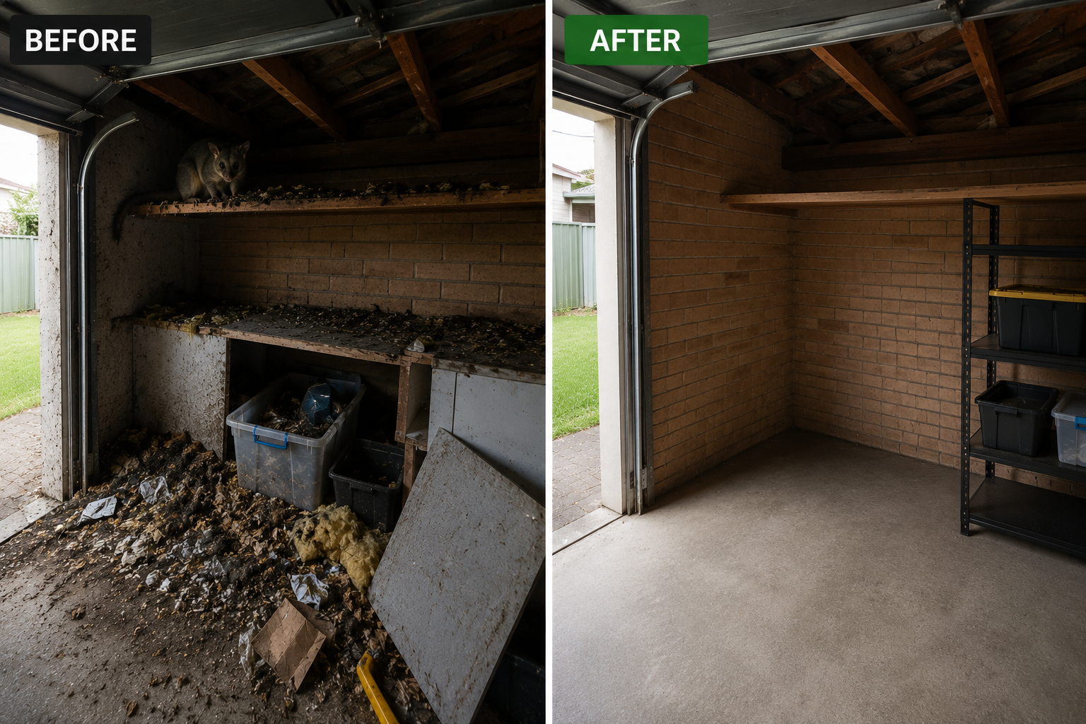 Garage before and after possum catcher service, cleared of droppings and debris